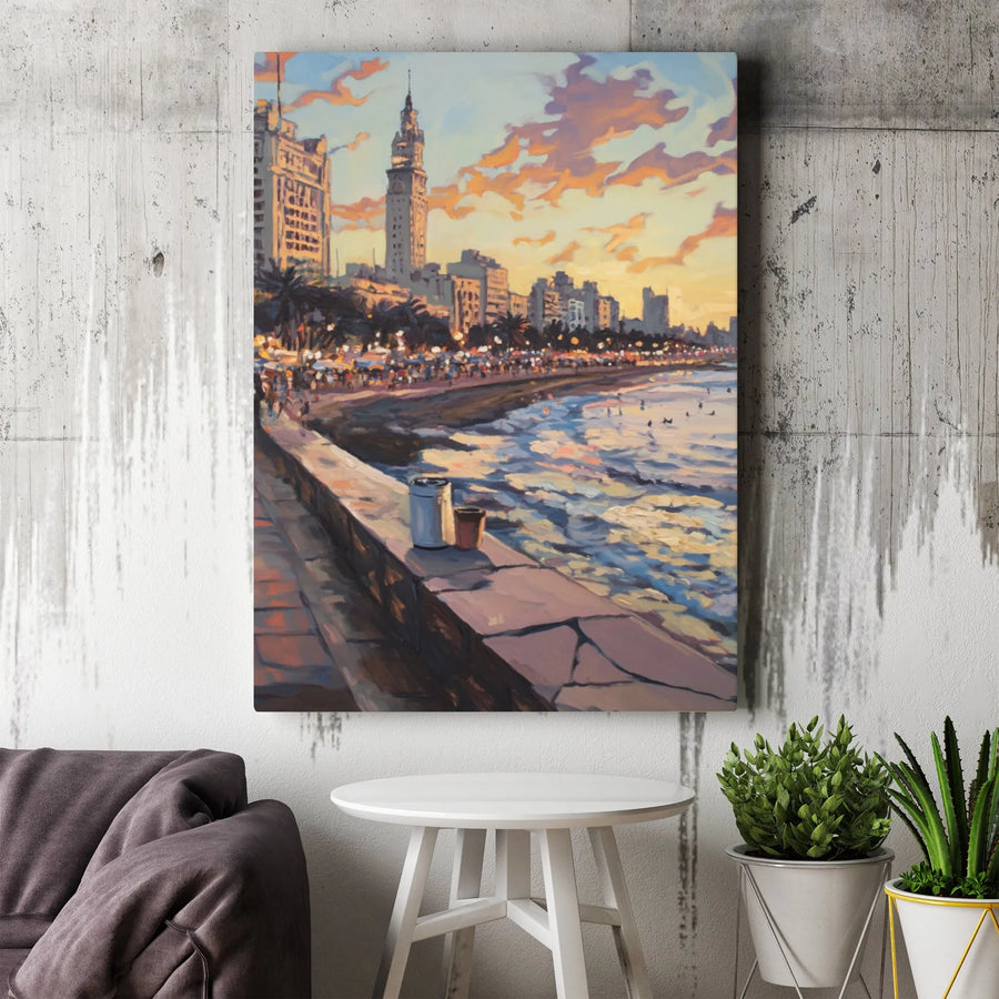 Montevideo Uruguay Canvas Print | Coastal Beach Promenade Sunset Impressionist Wall Art | 1.25" Gallery Wrap | Premium Travel Decor Gift