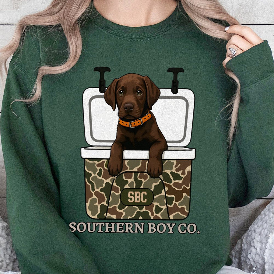 Chocolate Lab Sweatshirt | Camo Cooler Puppy Graphic | Premium Cotton Blend Crewneck | Outdoor Dog Lover Gift for Him and Her