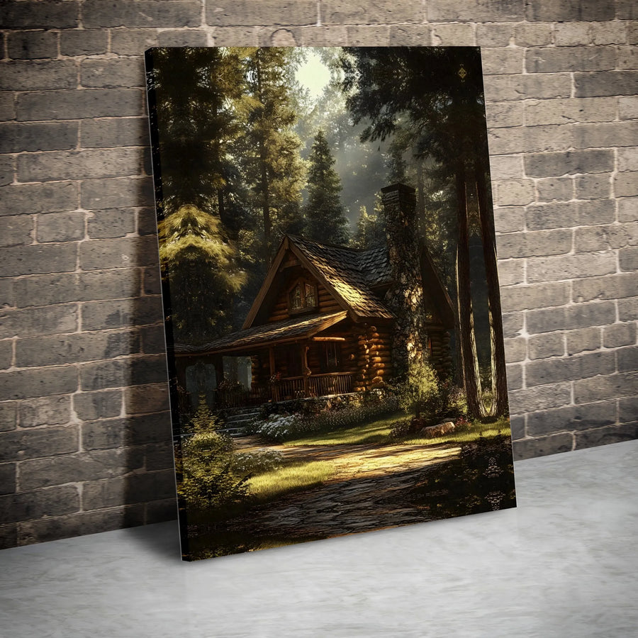 Log Cabin Canvas Wall Art | Rustic Forest Retreat Painting with Sunlit Woods | Premium Gallery Wrap Canvas | Cabin Decor Gift for Nature Lovers