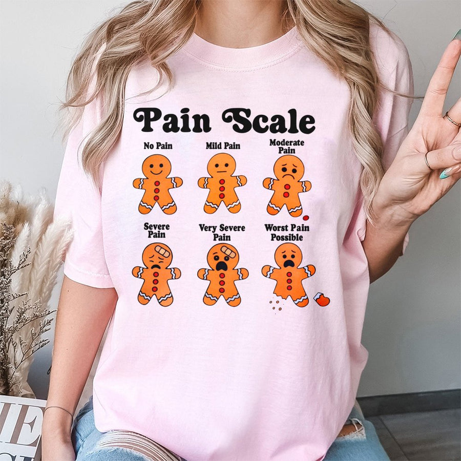 Gingerbread Man Pain Scale T-Shirt | Funny Christmas Nurse Gift | 100% Cotton Premium Tee | Holiday Apparel For Nurses & Medical Students