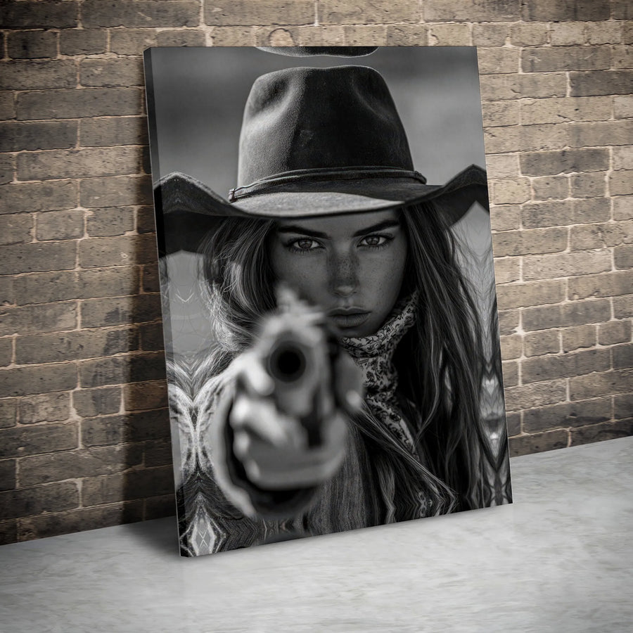 Cowgirl Wall Art | Black and White Western Portrait | Gallery-Wrapped Canvas Print | Rustic Home Decor Gift for Bedroom or Office