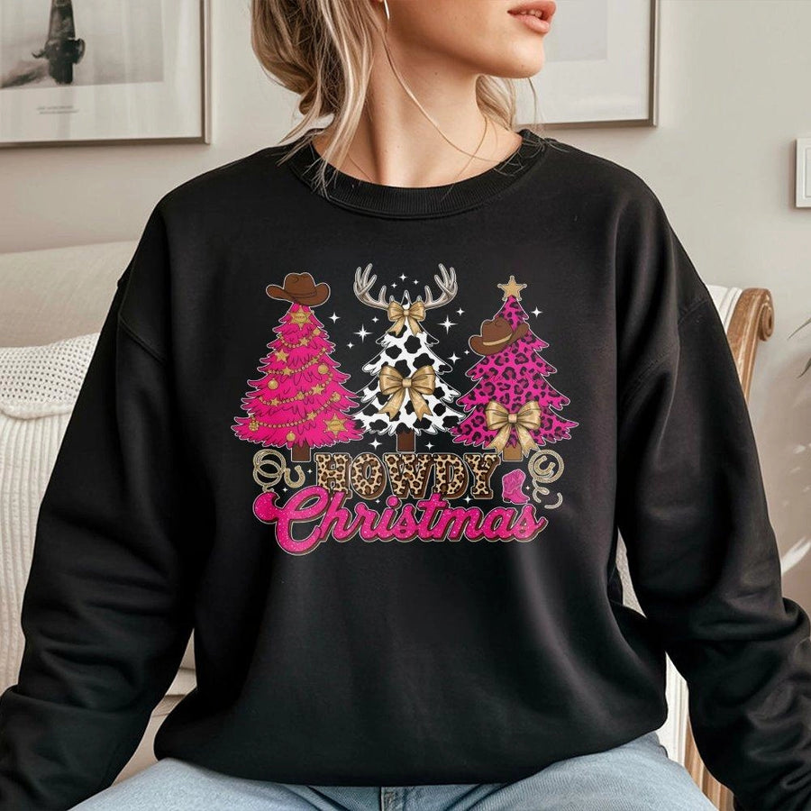 Howdy Christmas Sweatshirt | Western Cowgirl Leopard Print Trees | Premium Cotton Blend | Cute Country Holiday Gift for Women