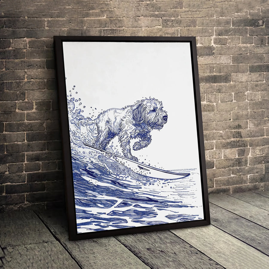 Surfing Doodle Dog Canvas Wall Art | Blue Ink Sketch Illustration | Premium Gallery Wrapped Print | Coastal Home Decor Gift for Dog Lovers