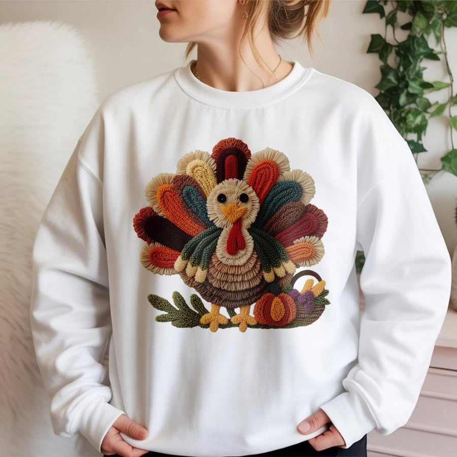 Thanksgiving Turkey Sweatshirt | Textured Yarn Look Graphic | Premium Cotton Blend | Cozy Fall Apparel Gift for Men and Women
