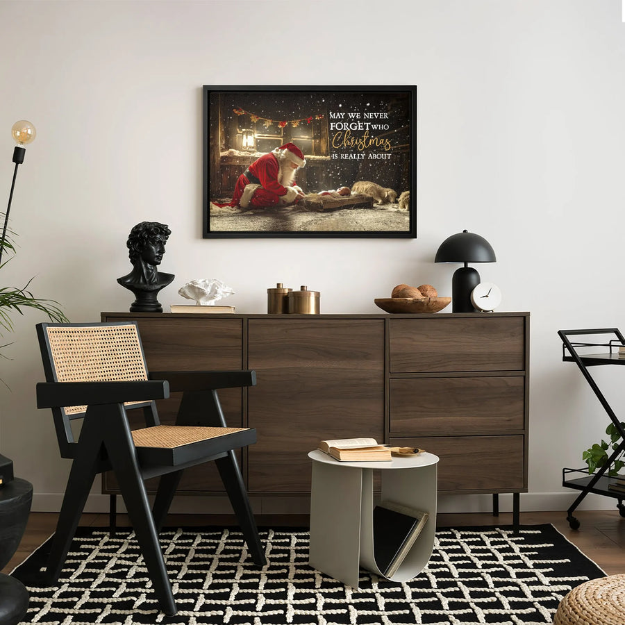 Santa Kneeling Before Baby Jesus Canvas | Religious Christmas Wall Art | Premium Fade-Resistant Print | Meaningful Holiday Home Decor Gift