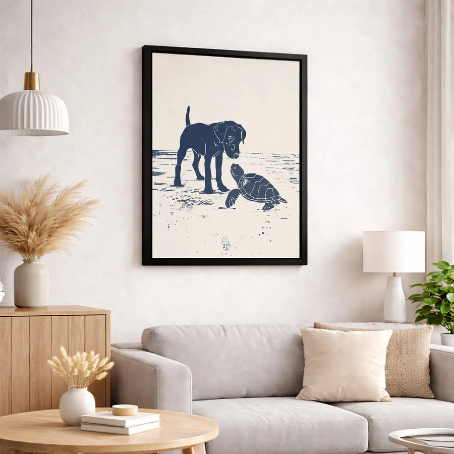 Dog and Sea Turtle Wall Art | Minimalist Coastal Beach Decor | Premium 1.25" Gallery Canvas | Animal Lover Gift Idea