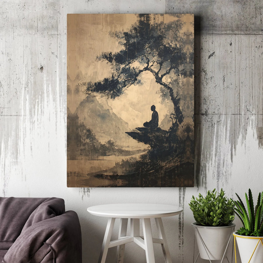 Meditating Buddha Canvas Wall Art | Japanese Ink Wash Zen Landscape | 1.25-inch Premium Gallery Profile | Mindful Home Decor Gift
