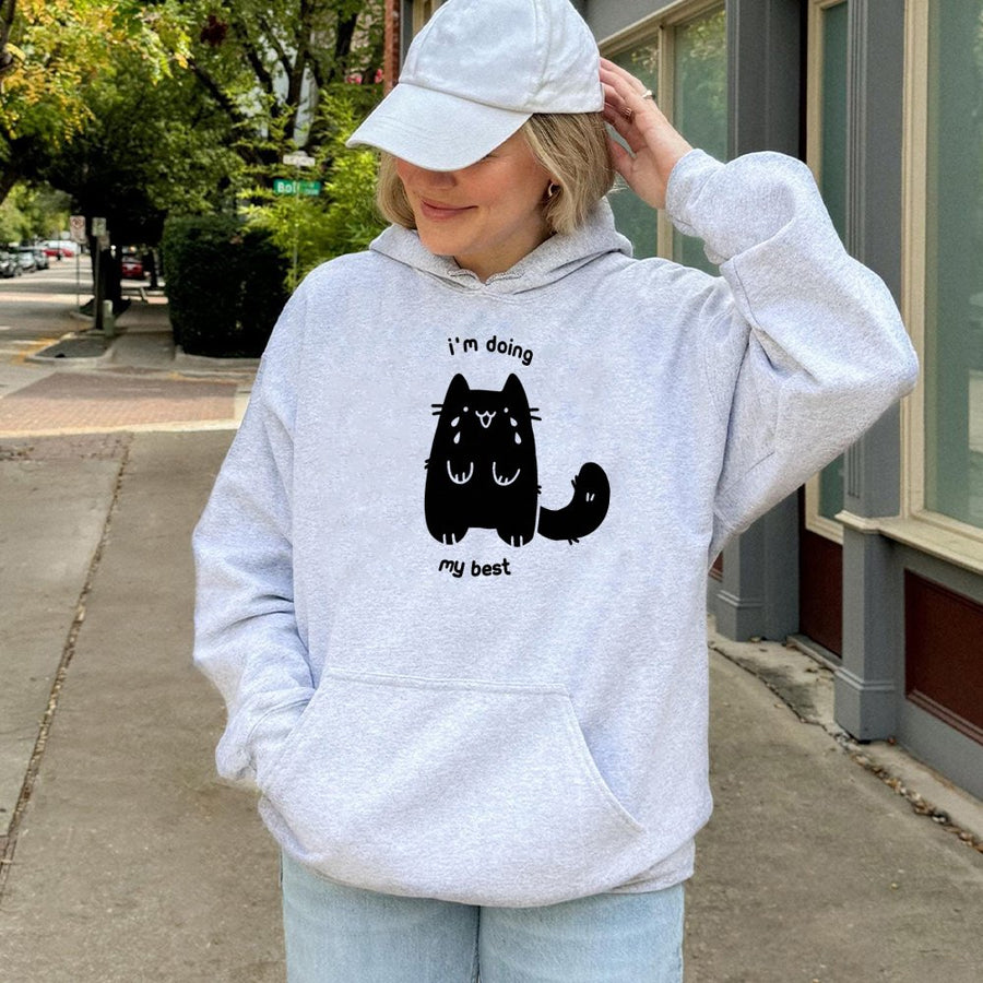 I'm Doing My Best Cat Hoodie | Cute Crying Kitty Graphic | Premium Cotton Blend Sweatshirt | Funny Kawaii Gift for Cat Lovers
