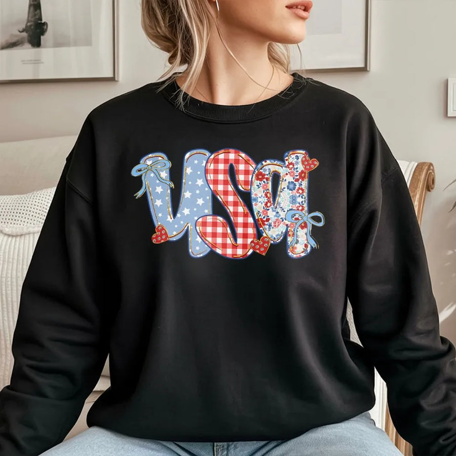 Coquette USA Sweatshirt | Preppy Floral Stars and Stripes Design | Soft Cotton Blend | 4th of July Patriotic Gift for Women