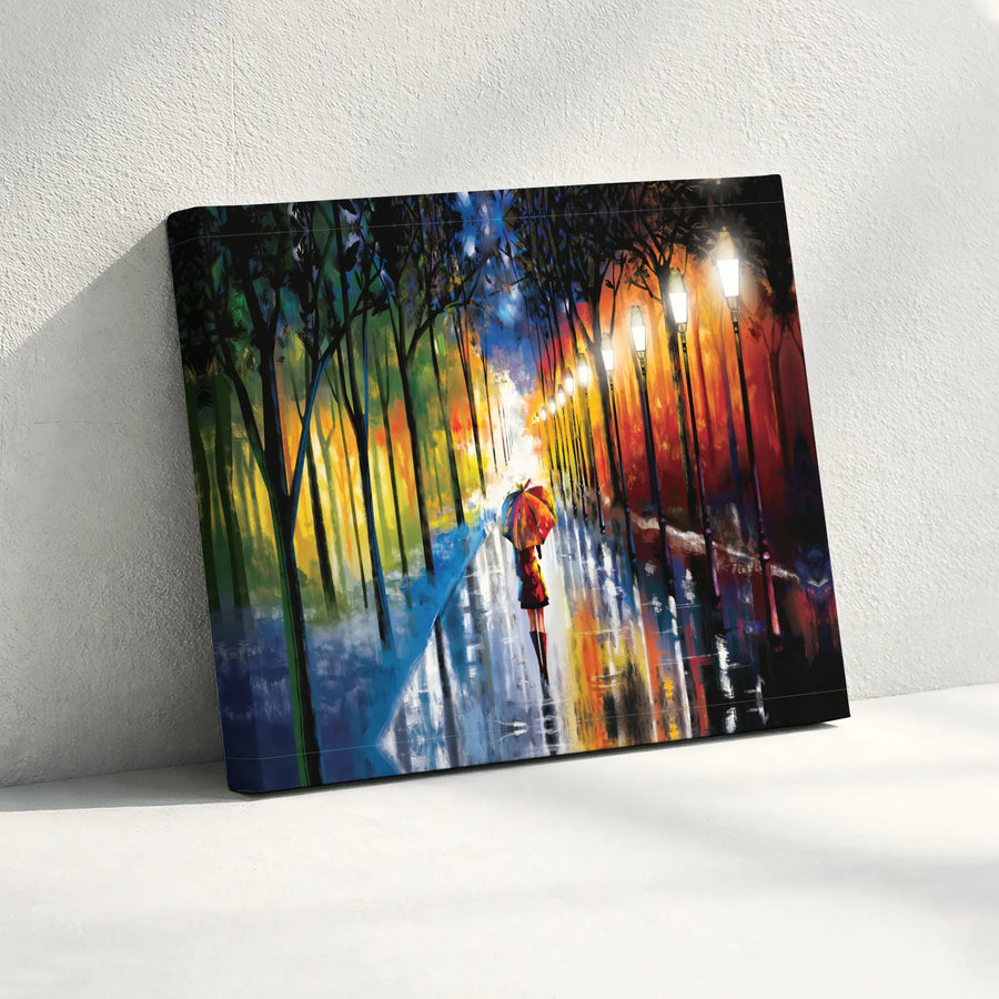 Rainy Street Canvas Wall Art | Colorful Woman With Umbrella Painting | Premium Gallery Wrap Print | Modern Living Room Home Decor