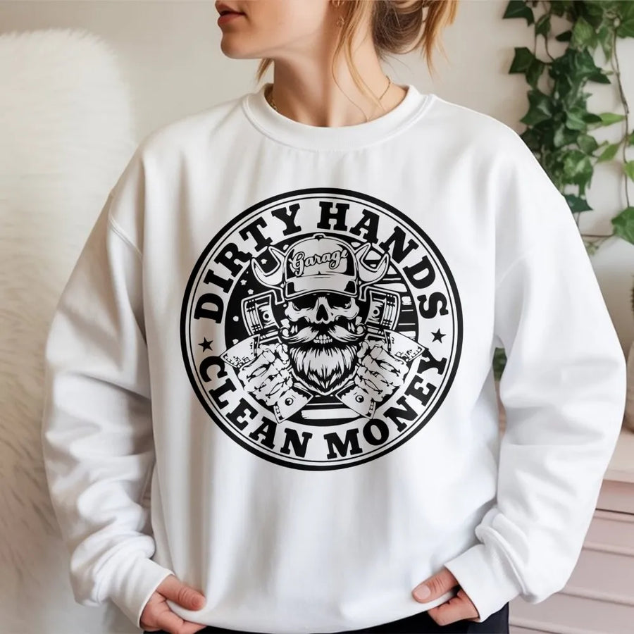 Dirty Hands Clean Money Sweatshirt | Garage Mechanic Skull Design | Premium Cotton Blend | Gift for Blue Collar Worker and Dad