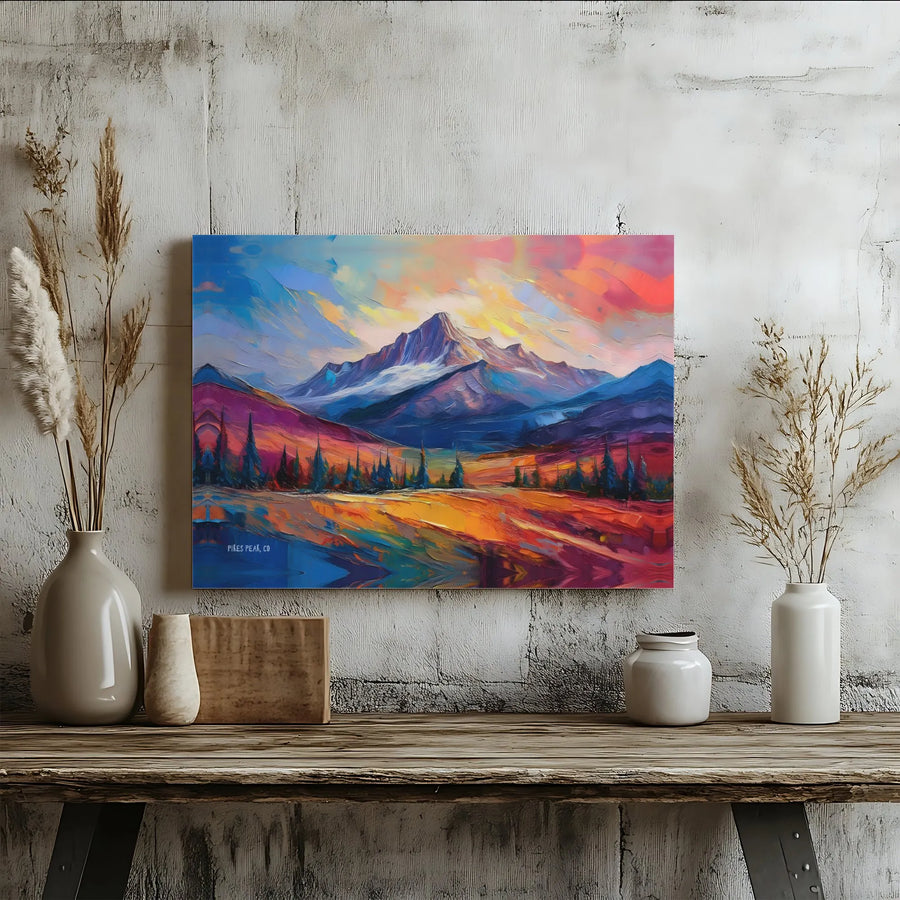 Pikes Peak Mountain Landscape Canvas Art | Vibrant Abstract Colorado Nature Painting | Premium 1.25" Gallery Wrap | Modern Home Office Decor Gift