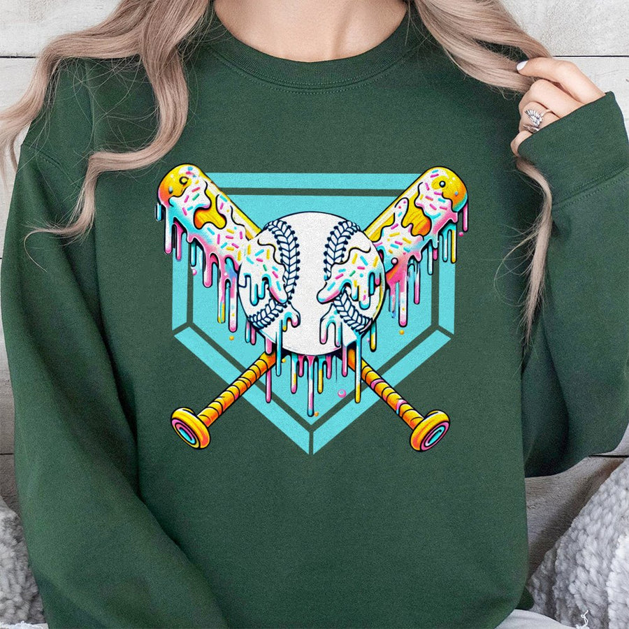 Baseball Drip Sweatshirt | Colorful Glazed Bat and Ball Graphic | Premium Cotton Blend | Gift for Baseball Players and Fans