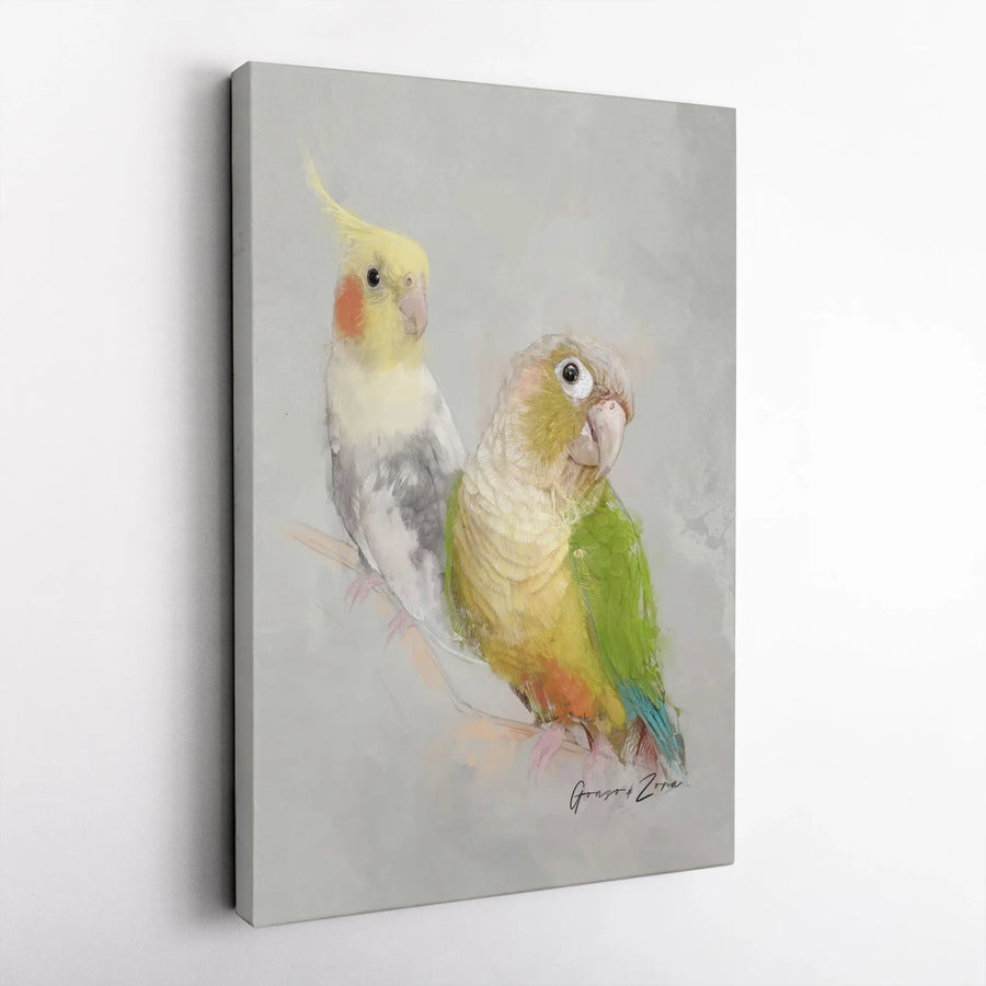 Cockatiel and Green Cheeked Conure Art | Watercolor Bird Portrait Print | Gallery-Quality 1.25" Canvas | Bird Lover Home Decor Gift