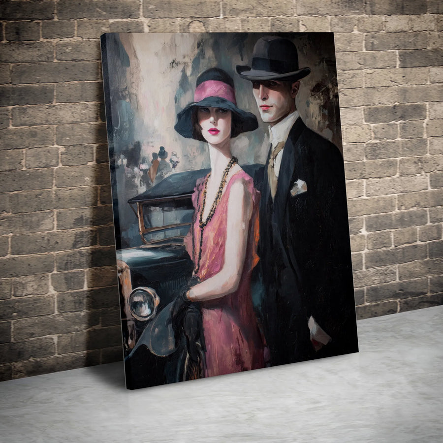1920s Art Deco Couple Canvas | Roaring Twenties Vintage Car Wall Art | Premium Fade-Resistant Gallery Print | Elegant Retro Decor Gift