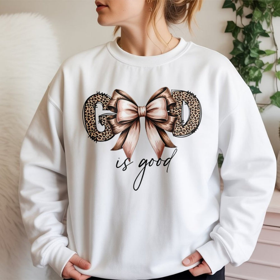 God Is Good Sweatshirt | Leopard Bow Christian Graphic Tee | Premium Cotton Blend | Faith Inspired Religious Gift for Women