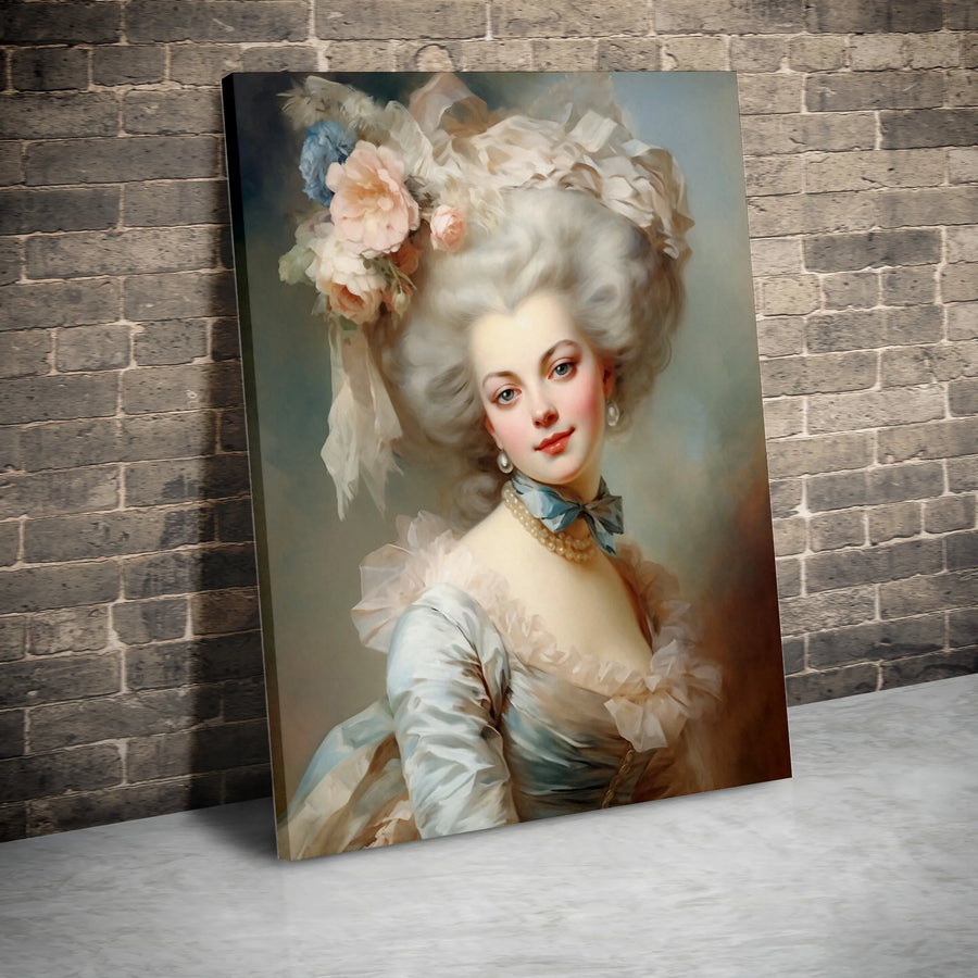 Marie Antoinette Portrait Canvas Wall Art | Rococo Noblewoman with Floral Hat | Premium Fade-Resistant Print | Elegant Home Decor Gift