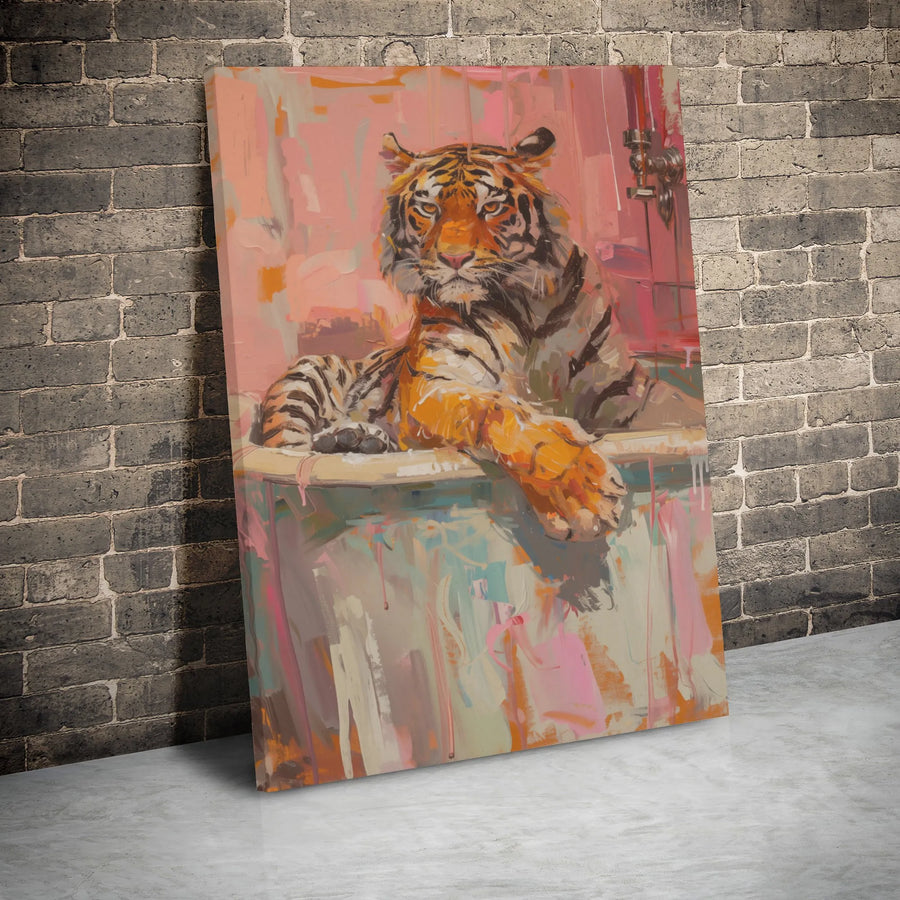 Tiger In Bathtub Canvas Wall Art | Whimsical Animal Portrait Painting | 1.25" Gallery Wrap Premium Print | Unique Home & Office Decor Gift