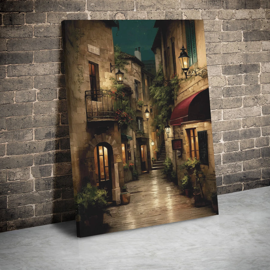 French Alleyway Canvas Art | Cozy European Street Night Painting | 1.25-Inch Gallery Wrap | Premium Home Decor Wall Print