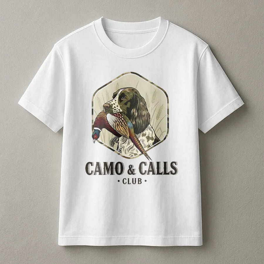 Springer Spaniel T-Shirt | Camo & Calls Club Pheasant Hunting Graphic | Soft 100% Cotton Premium Apparel | Gift for Bird Dog Hunters & Outdoorsmen