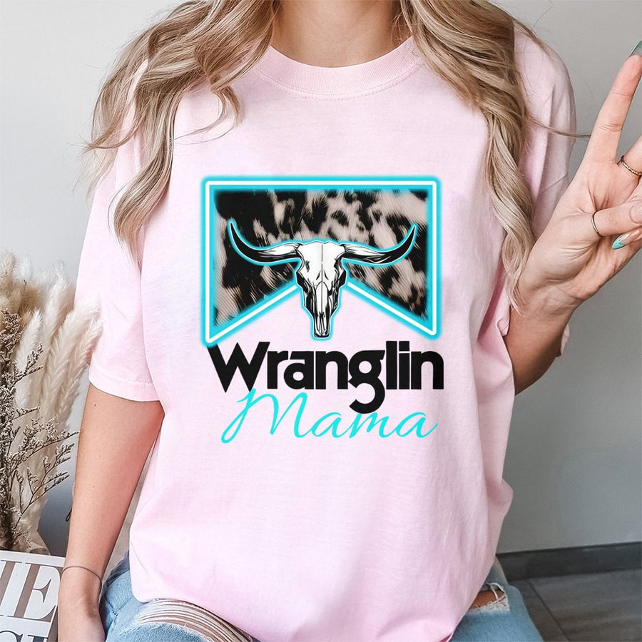 Wranglin' Mama T-Shirt | Western Cow Skull Graphic Design | 100% Cotton Premium Tee | Ranch Life Gift for Her