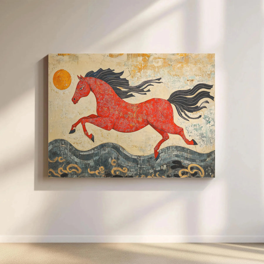 Red Horse Canvas Wall Art | Folk Art Style Leaping Stallion | Premium 1.25" Gallery Wrap | Western Rustic Home Decor Gift