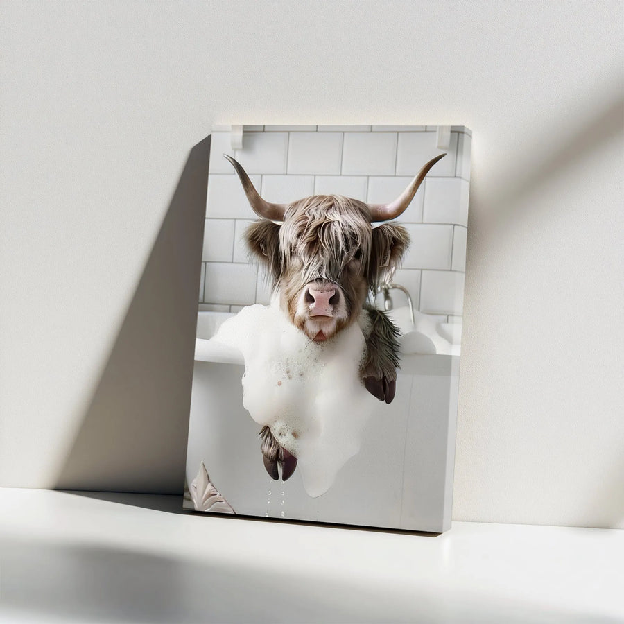 Highland Cow Canvas Wall Art | Funny Bubble Bath Animal Print | Premium 1.25" Gallery Wrap | Farmhouse Bathroom Decor Gift