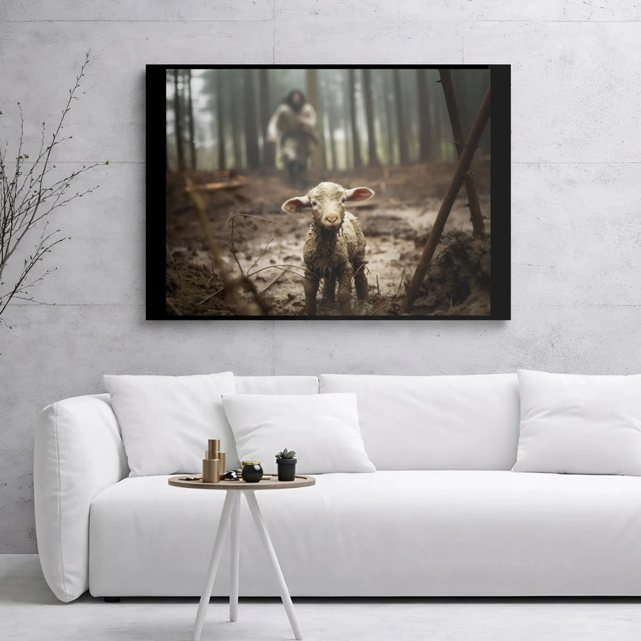 The Lost Sheep Canvas Wall Art | Jesus Finding The Lamb Portrait | Premium Gallery Wrap Decor | Religious Gift For Christian Home