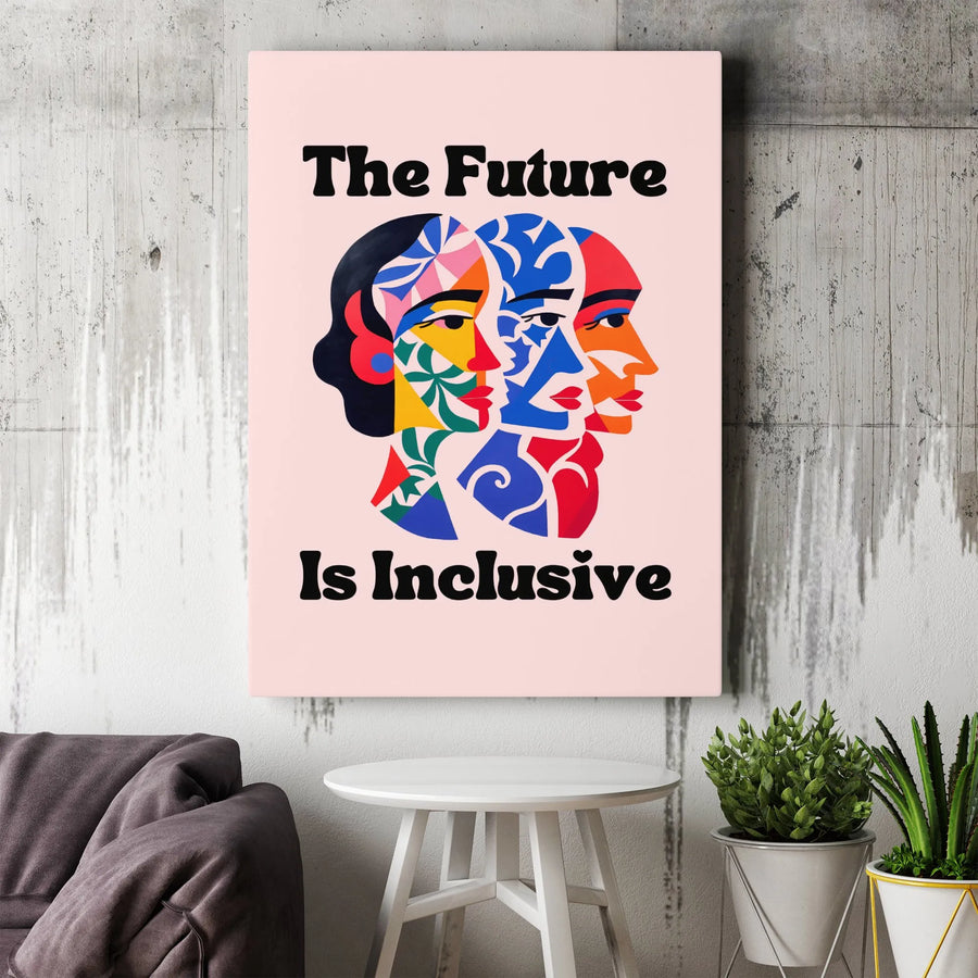 The Future Is Inclusive Vertical Canvas | Modern Abstract Faces Art Print | Premium 1.25" Thick Gallery Wrap | Feminist Social Justice Office Decor Gift