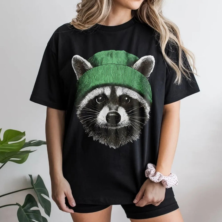 Raccoon T-Shirt with Green Beanie | Cute Animal Graphic Print | Soft 100% Cotton | Funny Nature Lover Gift for Men and Women