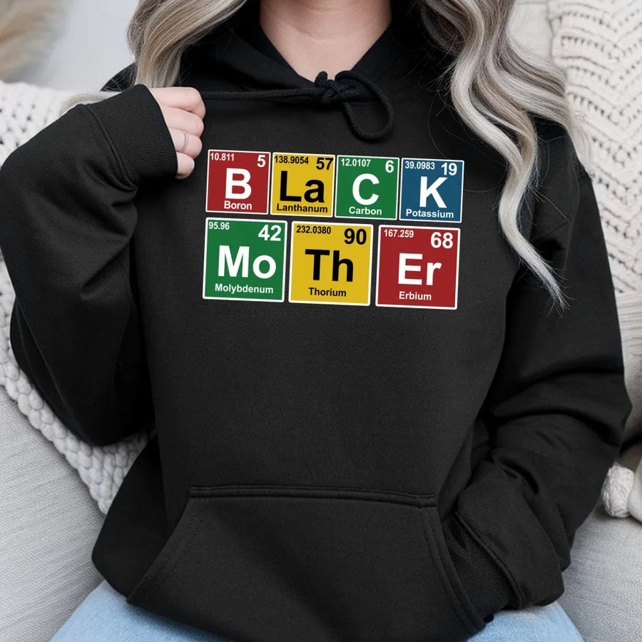 Black Mother Hoodie | Periodic Table Chemistry Graphic | Premium Cotton Blend | Empowering Gift for Mom