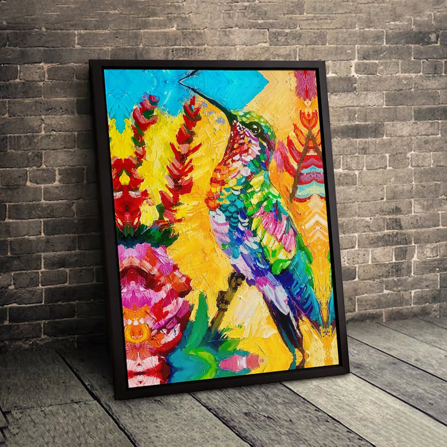Colorful Hummingbird Canvas Wall Art | Abstract Impasto Oil Painting Style | Premium Fade-Resistant Gallery Wrap | Modern Home Office Decor Gift