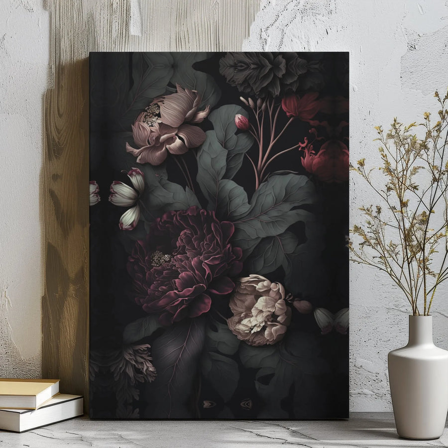 Moody Dark Floral Canvas Print | Romantic Peony Oil Painting Style | Premium Gallery Wrap Wall Art | Elegant Home Decor Gift for Her