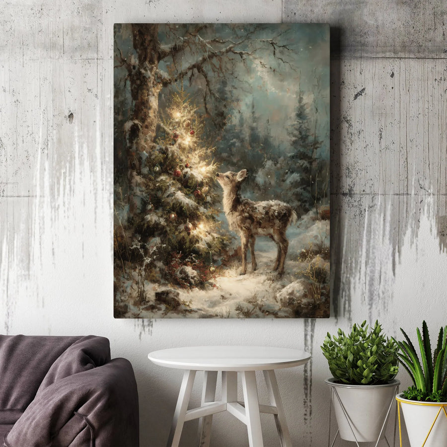 Christmas Deer Canvas Wall Art | Snowy Forest Lit Tree Winter Painting | Gallery-Quality 1.25 Inch Thick Wrap | Holiday Home Decor Gift