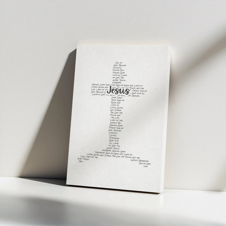 Jesus Names and Titles Cross Canvas Wall Art | Script Typography Religious Design | Premium Gallery-Wrapped Print | Faith-Based Home Decor Gift