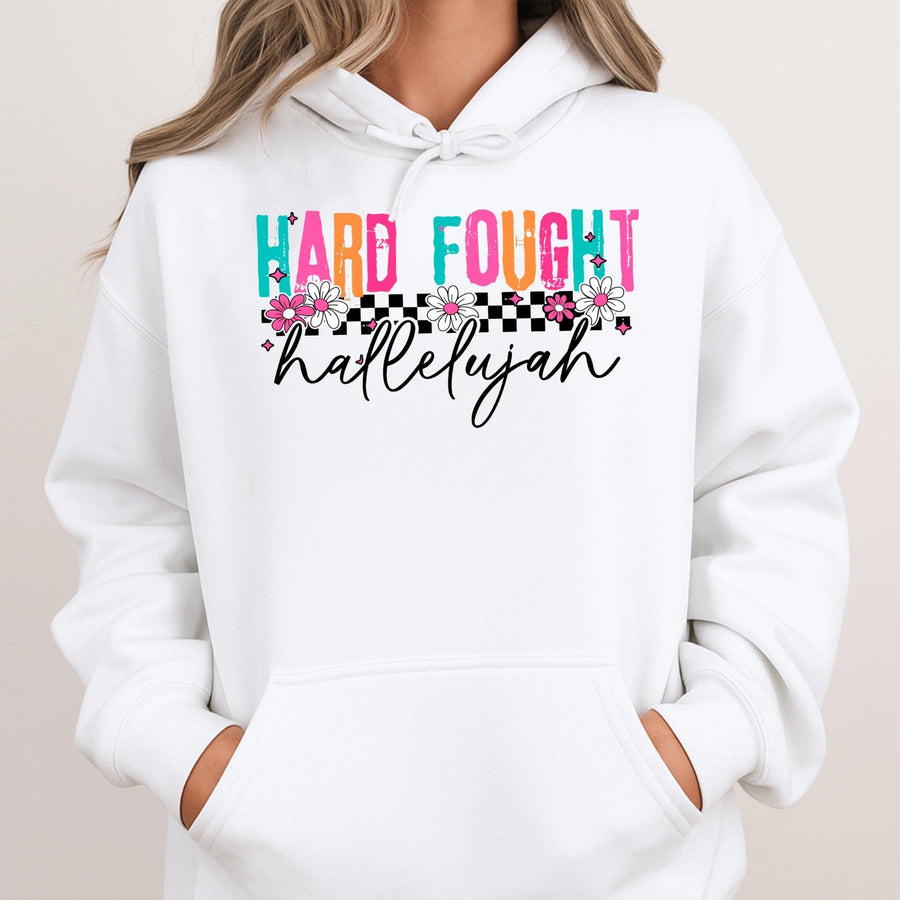 Hard Fought Hallelujah Hoodie | Retro Daisy Checkered Christian Graphic | Premium Cotton-Blend | Faithful Gift For Women