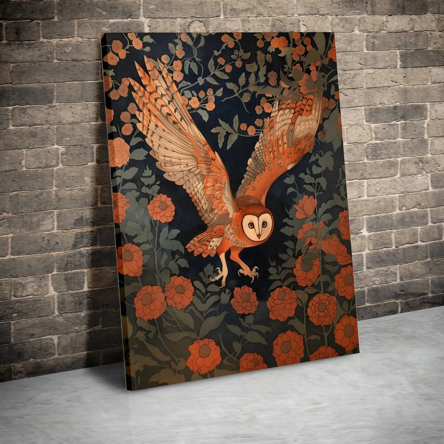 Art Nouveau Barn Owl Canvas Print | Flying Owl With Orange Flowers | Premium Gallery-Wrapped Wall Art | Nature-Inspired Home Decor Gift