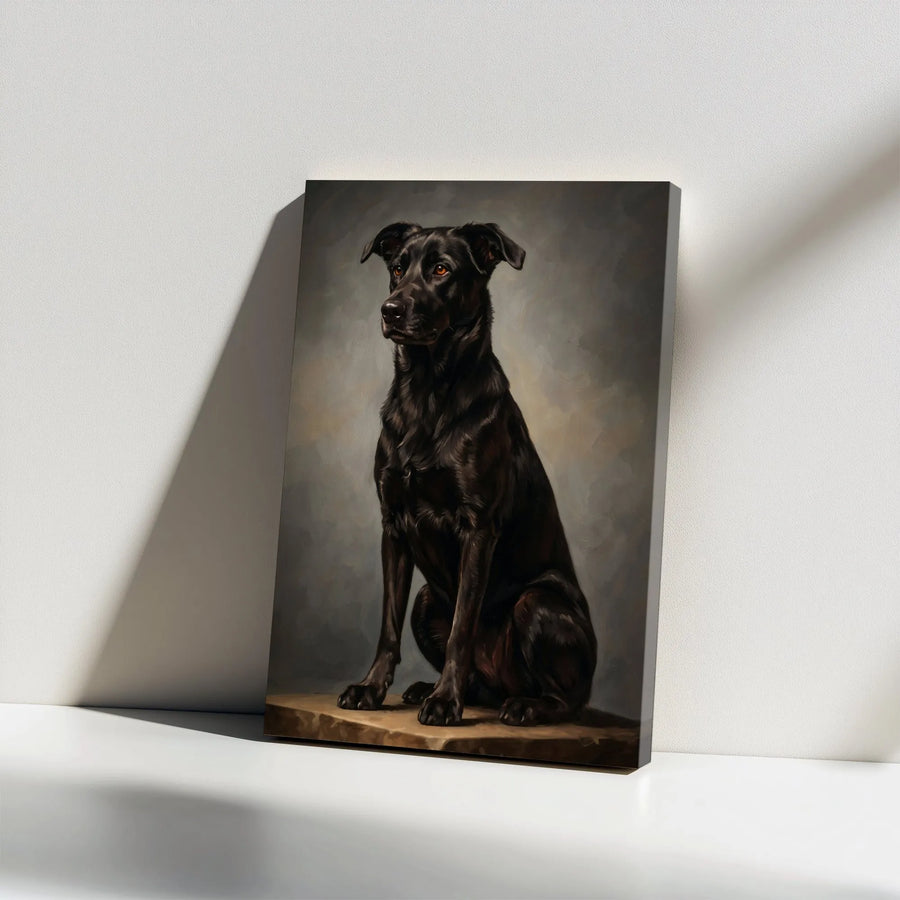 Regal Black Dog Portrait Canvas | Vintage Oil Painting Style Wall Art | Premium Gallery Wrapped Print | Gift for Dog Lover, Pet Memorial Decor