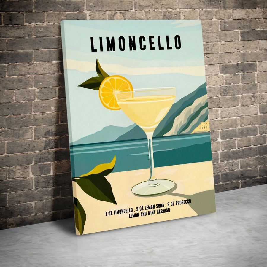 Limoncello Cocktail Recipe Canvas Wall Art | Mediterranean Amalfi Coast Style Poster | Premium Gallery Wrap Decor | Bar Cart Kitchen Wall Decor Gift