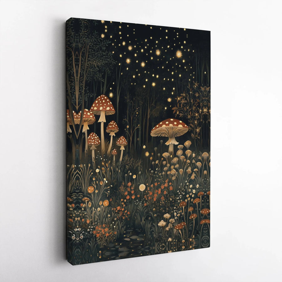 Mushroom Canvas Wall Art | Magical Night Forest with Glowing Stars | Premium Gallery Wrapped Canvas | Cottagecore & Dark Academia Decor Gift