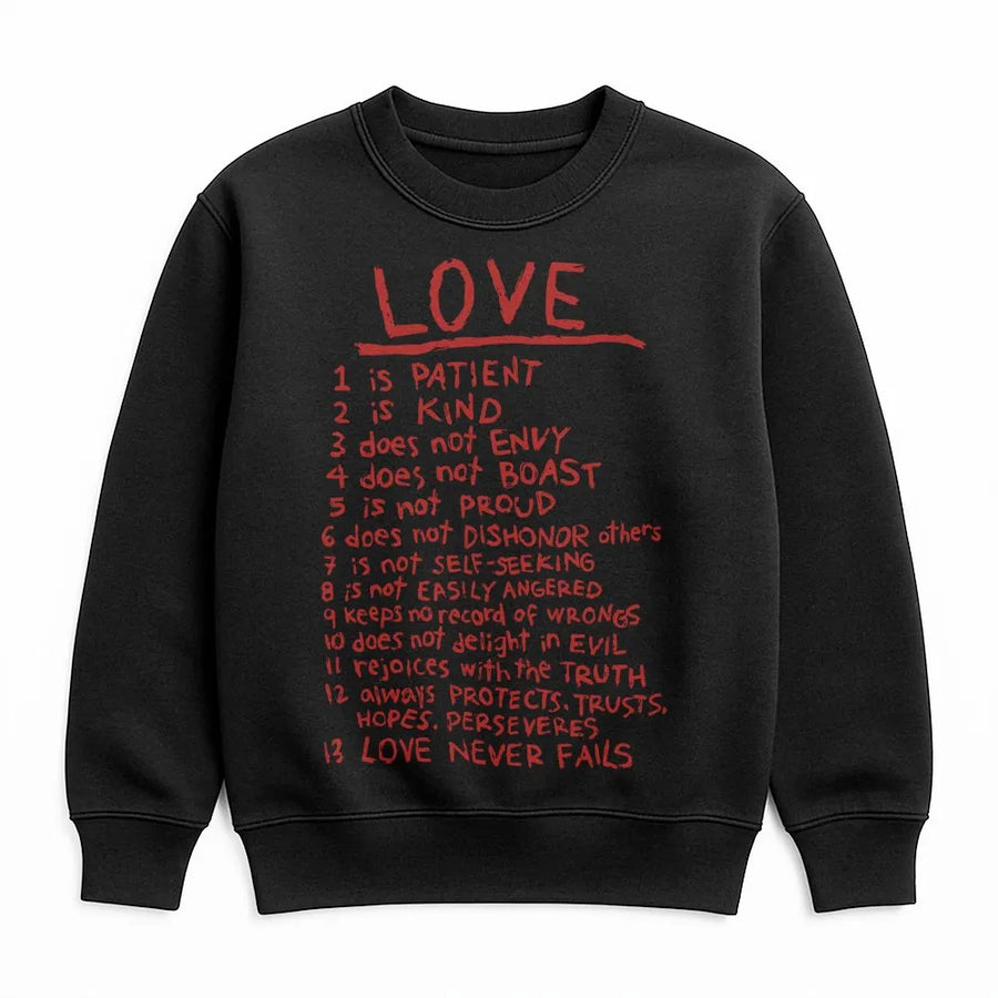 Love Is Patient Sweatshirt | Bible Verse 1 Corinthians 13 Scripture Design | Premium Cotton Blend Crewneck | Religious Gift for Men and Women