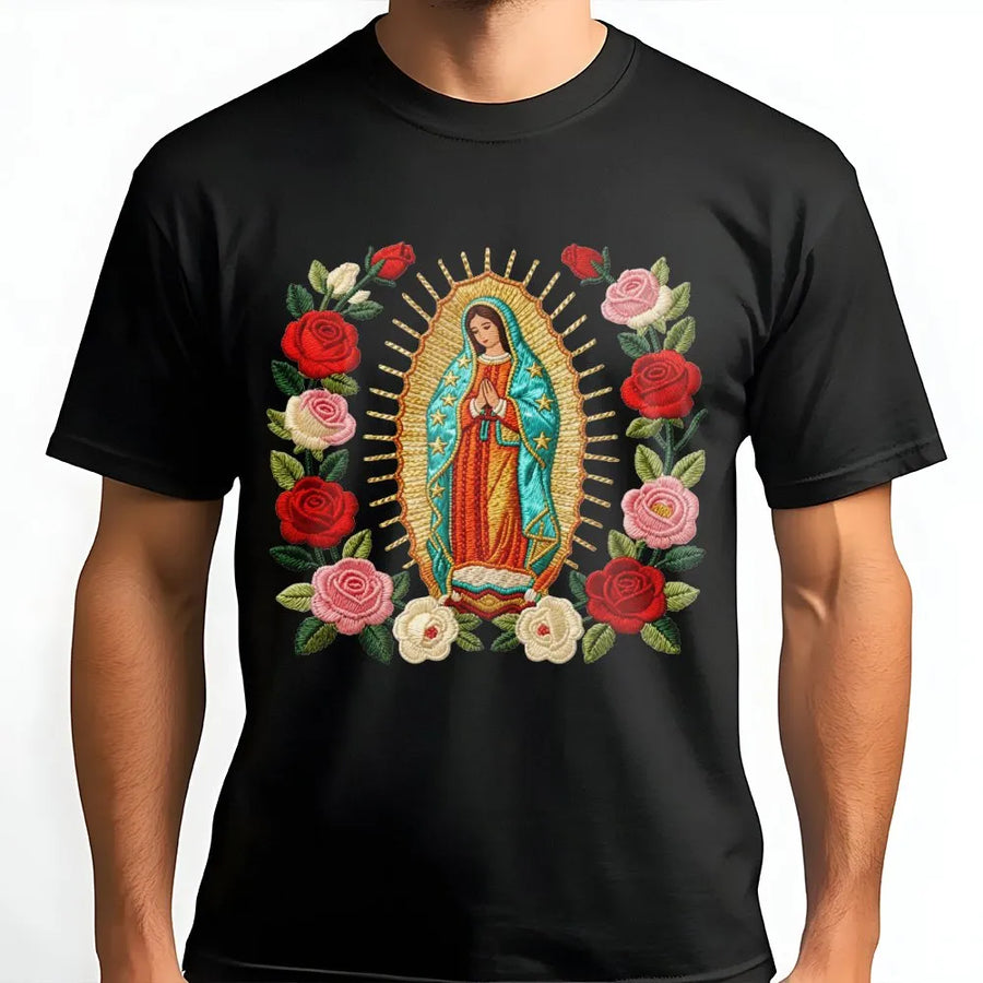 Virgen de Guadalupe T-Shirt | Floral Religious Art Print | Premium Cotton Crewneck | Catholic Faith Gift for Men and Women