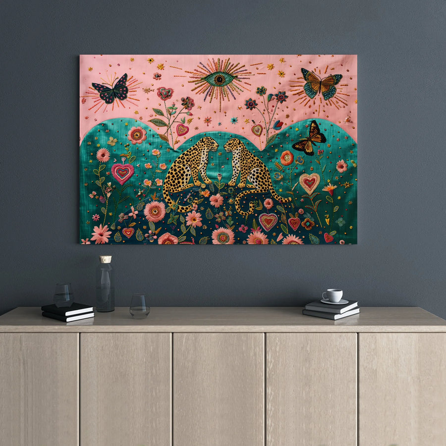 Leopard Wall Art Canvas | Whimsical Boho Floral & Butterfly Decor | Premium Gallery Wrap 1.25" Frame | Unique Nature-Inspired Gift for Her