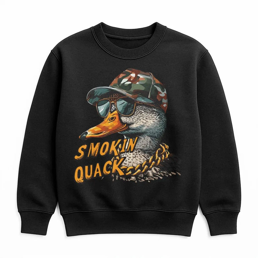 Smokin Quack Sweatshirt | Funny Duck with Camo Hat Design | Premium Cotton-Poly Blend | Humorous Graphic Gift for Duck Hunters and Bird Lovers