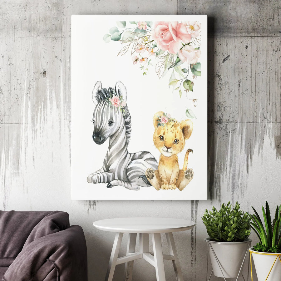Baby Zebra and Lion Cub Wall Art | Watercolor Safari Animal Nursery Decor | Premium Gallery Wrap Canvas | Cute Baby Shower Gift for Kids Room
