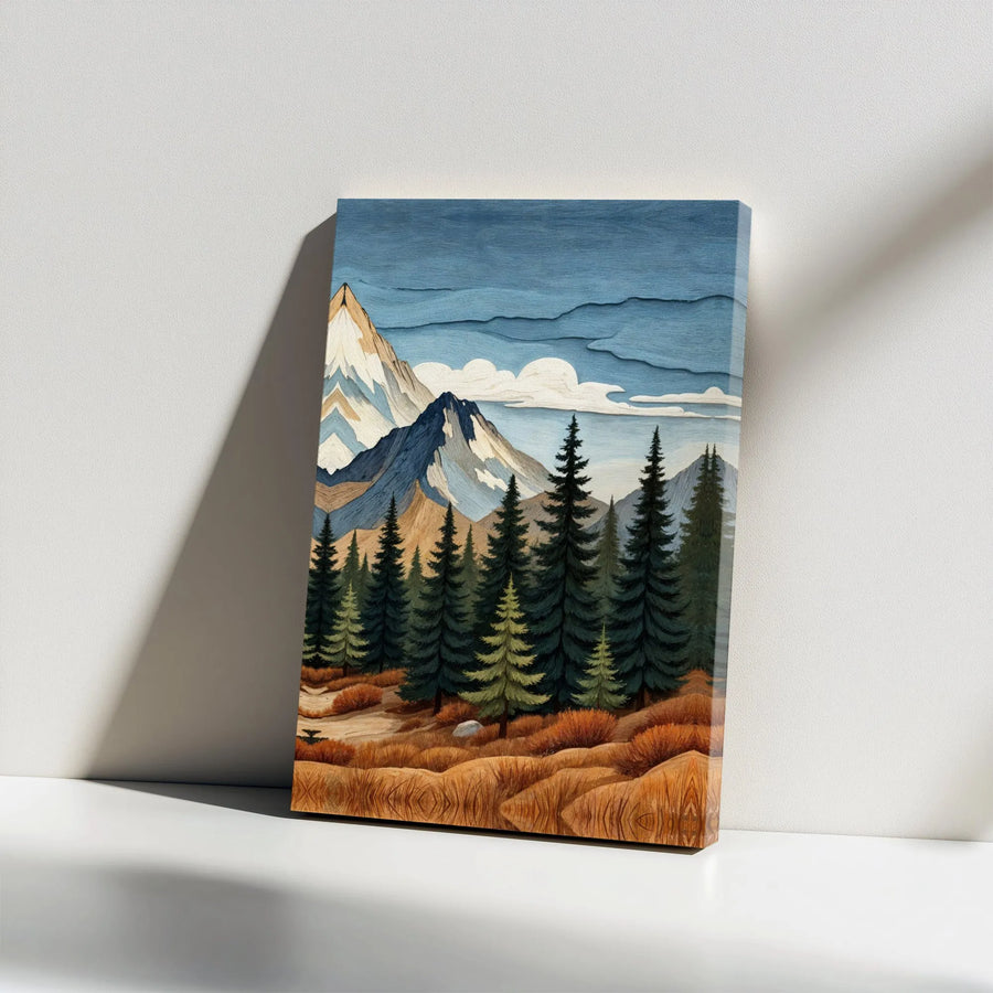 Rustic Mountain Canvas Wall Art | Textured Pine Tree Forest Landscape | Premium Frameless Canvas Print | Modern Cabin Decor Gift for Hiker