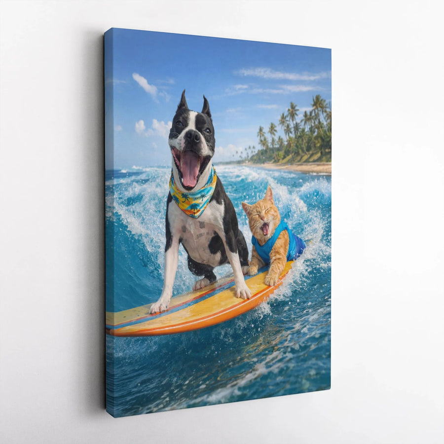 Surfing Dog and Cat Canvas Print | Funny Pet Wall Art with Tropical Beach Scene | Premium Frameless Canvas | Coastal Home Decor Gift for Pet Lovers