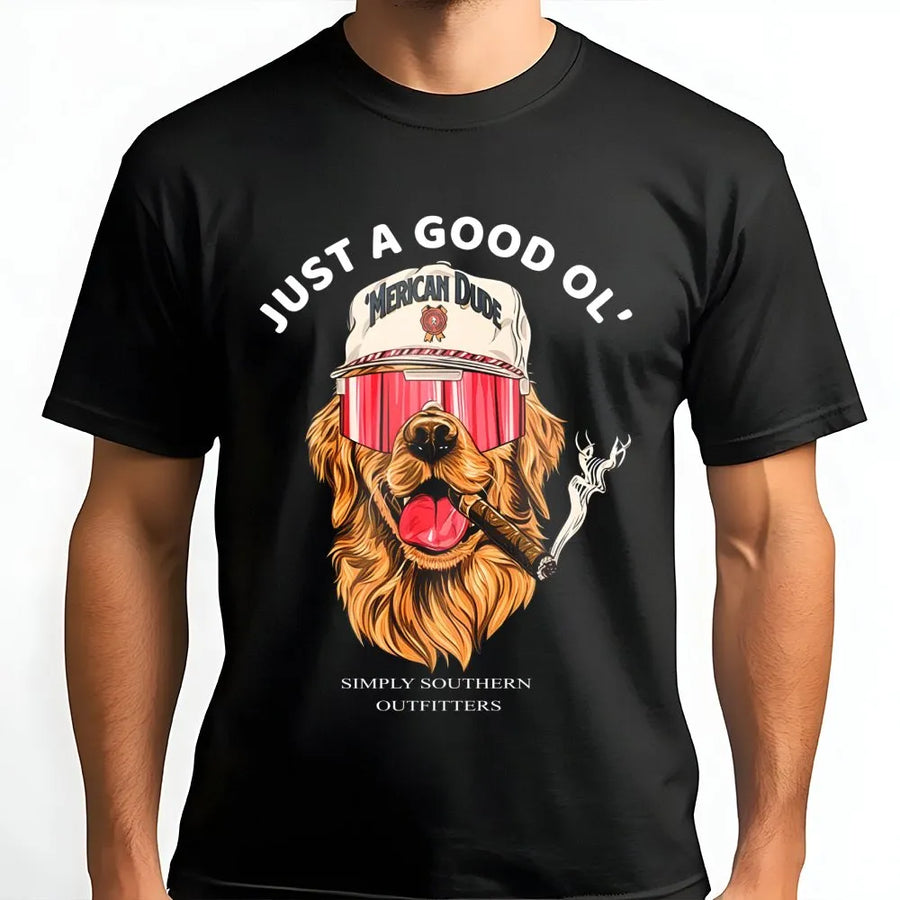 Golden Retriever Graphic T-Shirt | Funny Cigar Smoking Dog Retro Design | 100% Premium Cotton Soft Tee | Patriotic Gift for Dog Lovers