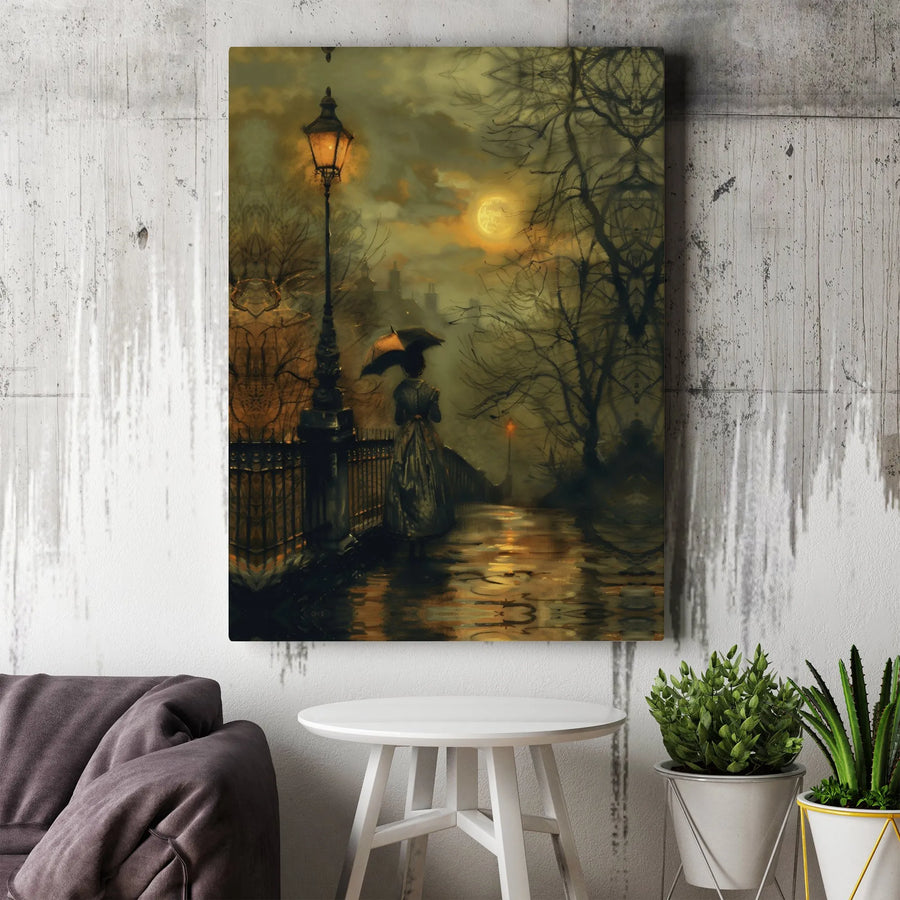 Gothic Victorian Wall Art | Moonlit Rainy Night Street Scene | 1.25-Inch Premium Canvas | Atmospheric Home Decor Gift for Dark Academia Fans
