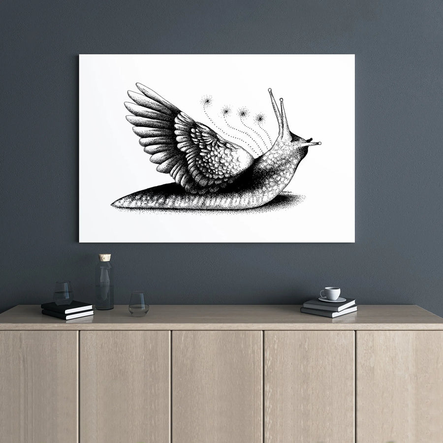 Surreal Winged Slug Canvas Art | Stippling Dotwork Illustration | Premium 1.25" Gallery Wrap | Unique Surrealist Wall Decor Gift